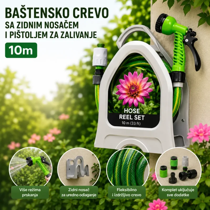 Bastensko Crevo 10m – Crevo za Zalivanje sa Zidnim Nosačem i Pištoljem